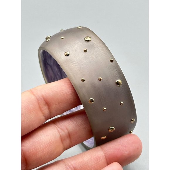 Frosted Lucite Bracelet Studded Bangle Wide Rigid Satin with Raised Gold Dots - Picture 3 of 9